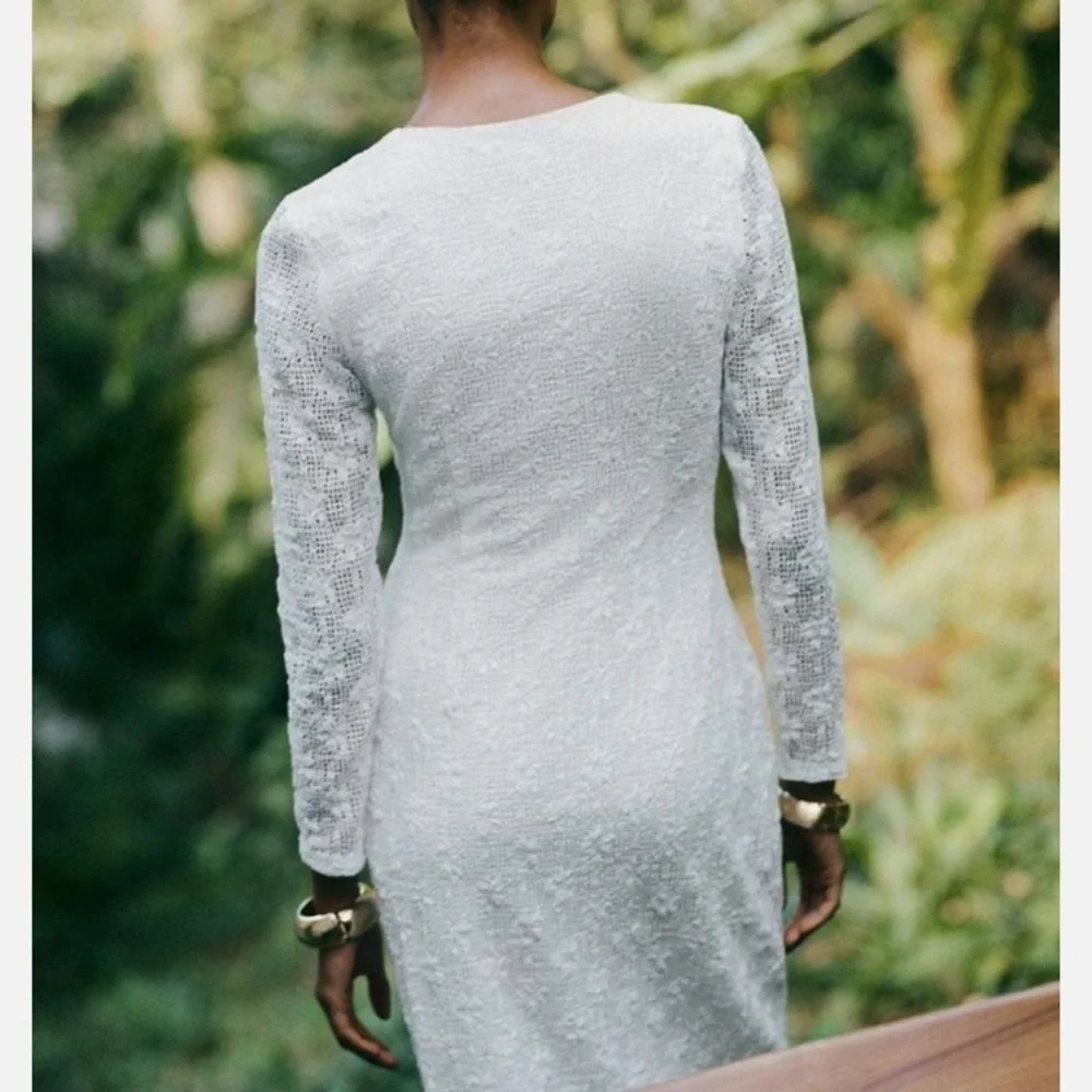 Zara NWT white crochet lace midi dress V neck long sleeve lined size Large - Picture 3 of 13